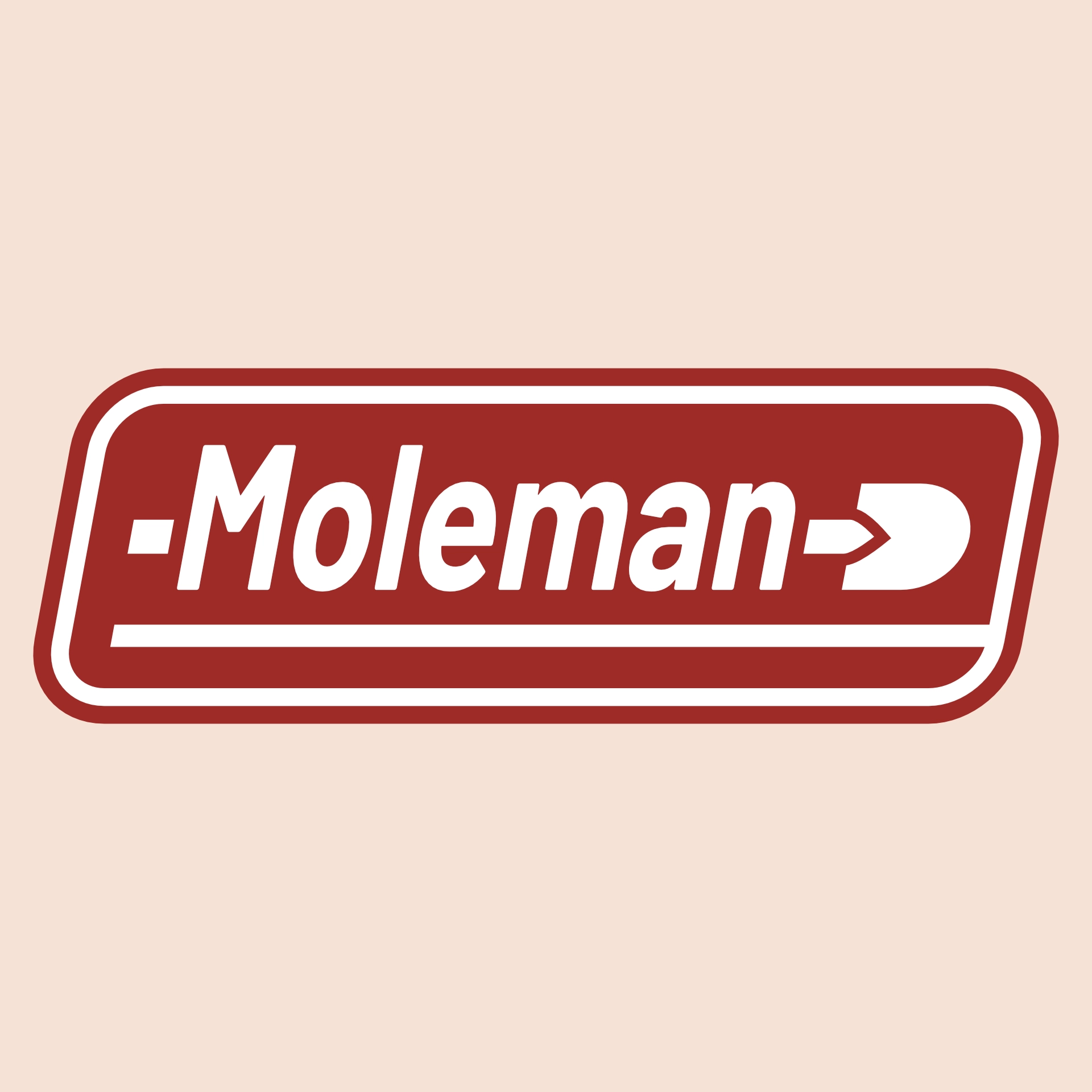 A red and white logo which reads 'Moleman' in an angled box. A shovel pierces through the word.